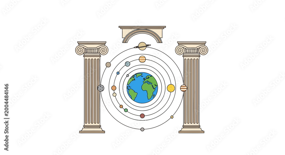 Greek Solar System Model Ancient Greek architecture framing a detailed heliocentric model of the ...