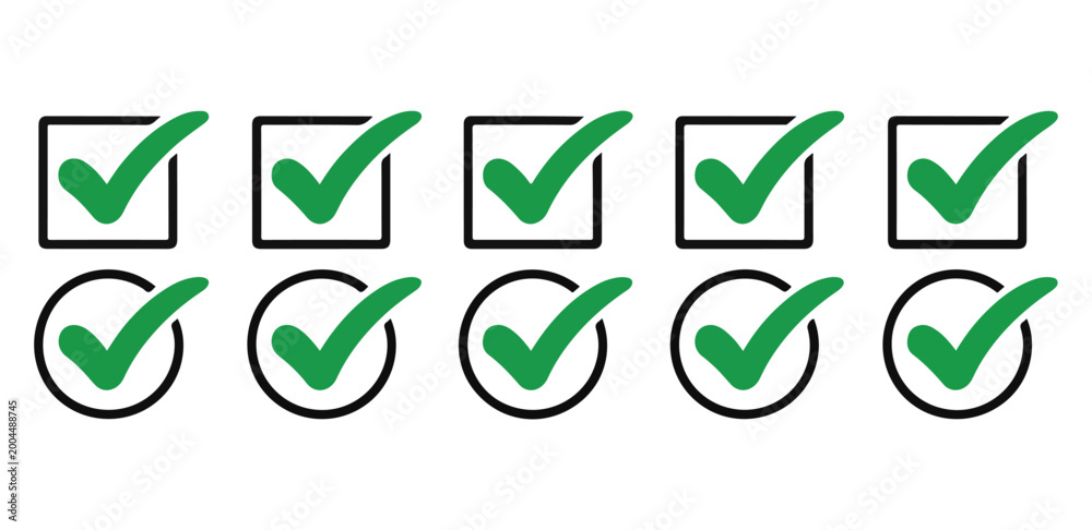 Green check marks in black square and circle frames isolated on ...