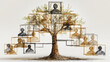 © Nusaba - Ancestral Tree of Life: A meticulously drawn family tree illustration, resembling an ancient tree with roots spreading wide, depicts generations of ancestors within framed portraits.