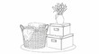 © bukayo - A woven basket overflowing with folded textiles sits beside stacked boxes