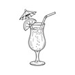 © Ayesha - Black and white line drawing of tropical cocktail glass with citrus slice straw and umbrella symbolizing summer refreshment and vacation