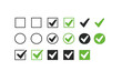 © ZainUl - Vector set of check mark icons, check boxes, and radio buttons. Green and black tick symbols for correct answers, yes choices, and task completion. Minimalist UI elements for forms and surveys.