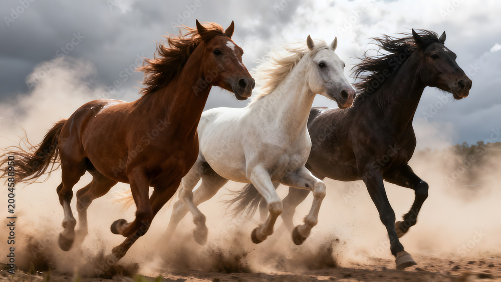 Three majestic wild horses galloping fast through dust under a dramatic ...
