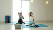© Meng_Dakara - Two women performing seated spinal twist yoga pose with arm variation on mats during home workout, improving flexibility, posture and core strength