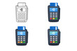 © Shahin - POS terminal payment device icon set featuring four different illustration styles including simple outline, flat color, and textured designs for credit card transactions and contactless pay.