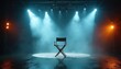 © miss irine - Director chair on stage under spotlights and smoke. Dark industrial studio space, film production scene. Empty seat awaits creative vision, cinematic mood.
