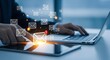 © vector hunt - Business person managing email communication workflow with digital envelope icons floating over laptop and tablet