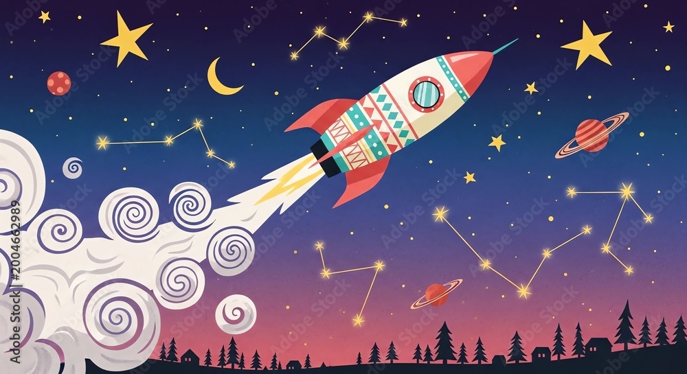 Colorful rocket launching into outer space with stars and planets for ...