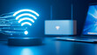 © Hridoy - Glowing blue wifi symbol with highspeed data trails over a smart device base, with a router and laptop in the background conceptual 3d illustration of fast wireless internet connectivity