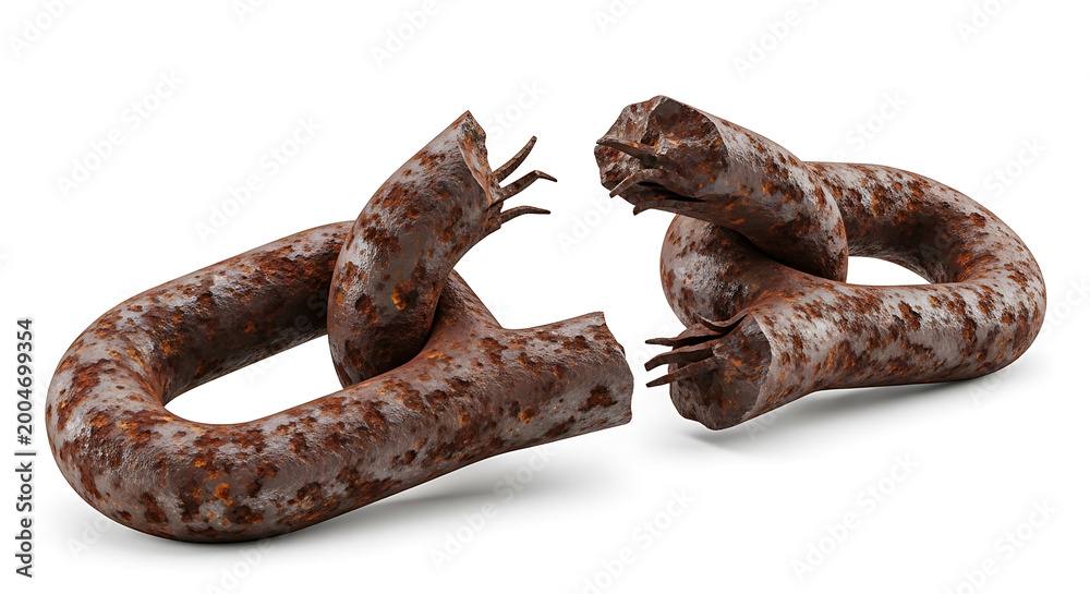 Isolated image of a severely rusty and broken metal chain link ...