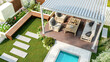 © G3D Studio - Modern luxury pergola in backyard garden with outdoor seating area and small swimming pool, 3D Rendering