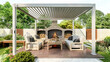 © G3D Studio - Modern luxury pergola in backyard garden with outdoor seating area and small swimming pool, 3D Rendering