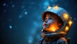 © Viktor - Child wears space helmet adorned with glowing stars, looking up with wonder at the night sky. Youngster dreams of future adventures in outer space exploration.