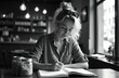 © Viktor - Young woman writes in notebook at cafe table. Blonde female with glasses on head works with pen. Creative person writes story indoors, gains ideas for article, book or blog.