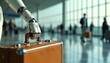 © Viktor - Robotic arm grips vintage suitcase in modern airport hall. People walk past with luggage. Future travel automation assisting passengers at transport hub. Clean bright terminal.