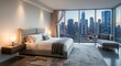 © Platon - Luxury bedroom with a stunning panoramic view of city skyscrapers at twilight. The room features a king-size bed, designer lamps, and a gray chaise lounge