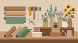 © Simone Matos - Craft Table Scene with Gift Wrap Ribbons and Assorted Fresh Flowers and Plants
