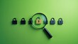© Maryna - Magnifying glass inspects one gold padlock among many black ones. Focused search for unlocked item in row of security locks. Digital safety check concept.