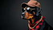 © Maryna - Rottweiler dog wears baseball cap sunglasses and gold chain. Red checkered bandana around neck. Dark background copy space. Stylish pet portrait for fashion or music themes.