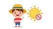 © GedhangKlutuk - A cute cartoon boy wearing a summer straw hat standing next to a sun icon with a no sunburn sign. EPS Editable. Vector Illustrations.