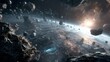 © rabbit75_fot - Space universe exploration, fantasy. A vivid, detailed depiction of a vast space scene. The main subject is a vast expanse of rocky terrain, with numerous asteroids scattered throughout.