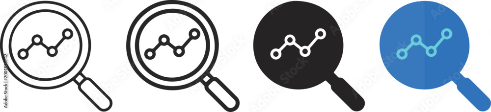 Data analytics search magnifying glass icon set with chart graph ...