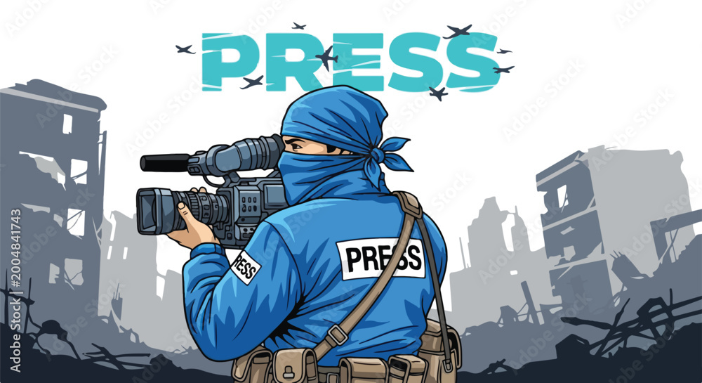 War correspondent journalist in blue press uniform filming in ruined ...