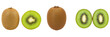 © Maule - Whole and sliced kiwi fruit isolated on transparent background, showing vibrant green flesh and brown skin