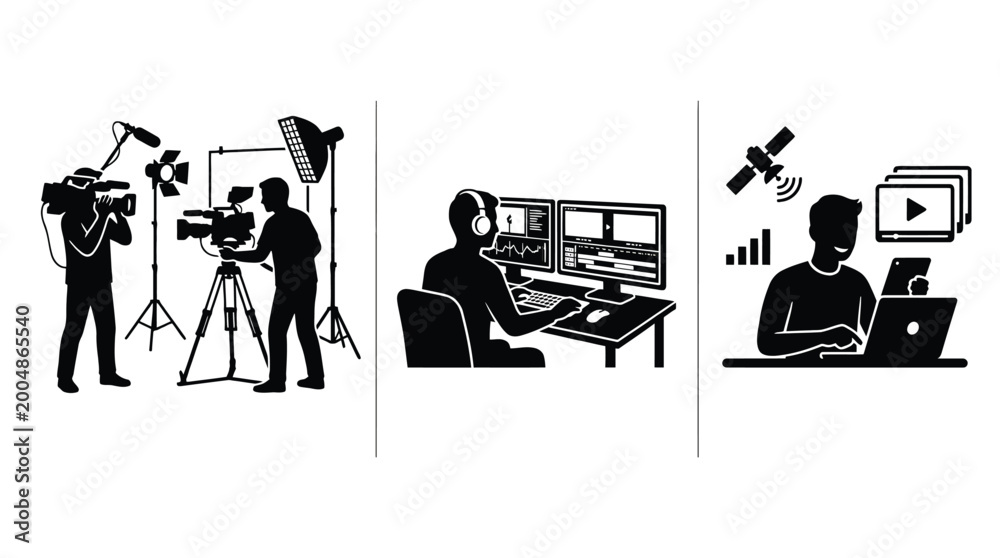 Post Production Process Simple Drawing Video production process workflow illustration showing filming on set ...