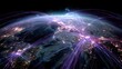 © rinrada - cyberpunk global finance network, neon lines wrapping around earth, digital transactions moving as light streams,