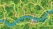 © rani - Aerial view village map vector, rural countryside landscape with winding river and roads, green farmland and forest topography illustration