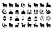 © Shovon - Islamic holiday symbols collection featuring silhouette sheep icons crescent moons stars mosques lanterns prayer beads and geometric patterns for religious celebrations