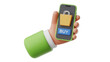 © Shahbaz - 3d render of a cartoon hand holding a smartphone with a shopping bag icon and a buy button on the screen, concept of online shopping and ecommerce isolated on transparent background
