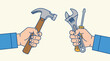 © musgraphy - Two hands extend towards each other, one holding a hammer and the other a wrench and screwdriver.