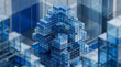 © Patcharin - Glass cube data block structure on digital city mockup background. Software marketing template for innovation branding, and advanced technology advertising design with copyspace.