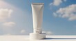 © PhotoHub - Blank cosmetic tube mockup on a white pedestal against a blue sky background