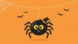 © sri - A cartoon black spider with a smiling face hangs from a white thread against an orange background with a partial spider web and small flying bats