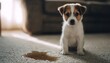 © Agung - A small, adorable jack russell terrier puppy sits on a carpeted floor next to a puddle, looking directly at the camera with a slightly guilty expression