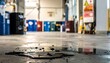 © Upnesh - Industrial scene showing oil spills on a concrete floor with barrels in the background.