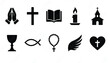 © Mohammad - Christian symbols icon set with praying hands cross bible candle church chalice fish rosary wing and heart religious sign religious graphic
