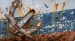 © tembok - Rusty old anchor on ship hull.