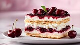 Premium cherries and cream icebox cake hero shot, perfectly structured layers, glossy cherry topping, placed on a harmonious pastel spring background, soft studio lighting