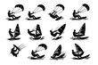 © Shahid - Kitesurfing and Windsurfing Black Silhouette Icons Set, Hand Drawn Water Sports Collection of Extreme Kiteboarding and Windsurfer Athletes in Action on Ocean Waves, Minimalist Vector Illustration
