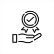 © PUJA - Quality guarantee, certification trust, approval minimal outline icon. Line sign hand holding award badge with check mark. Vector isolated pictograms for web app on white background editable stroke.