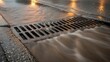 © NAIMAH - Water flows swiftly over a metal grate into a storm drain on a wet asphalt street