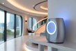 © Kitta Studio - Futuristic smart home device with glowing blue ring in modern minimalist interior