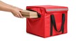 © Hafizuddin - Hand inserting cardboard pizza boxes into a red thermal delivery bag for food service