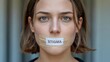 © Watcharapong - A woman with a bandage over her mouth labeled 'STIGMA,' conveying a powerful message about silenced voices and societal issues.
