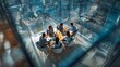 © auraplusminus - Diverse Gen Z team collaborating in modern glass-walled office with city view, high-angle shot
