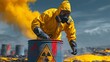 © Nataliia_Trushchenko - Worker in yellow hazmat suit and gas mask handling a radioactive waste barrel with warning symbol, toxic smoke and barrels in the background under a cloudy sky